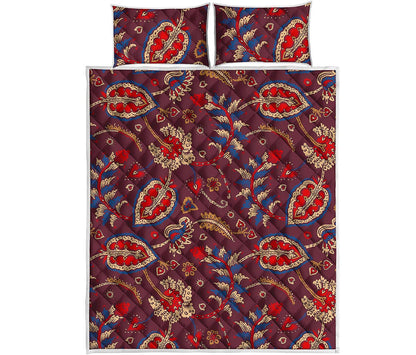 Maroon Vintage Bohemian Floral Print Quilt Bed Set