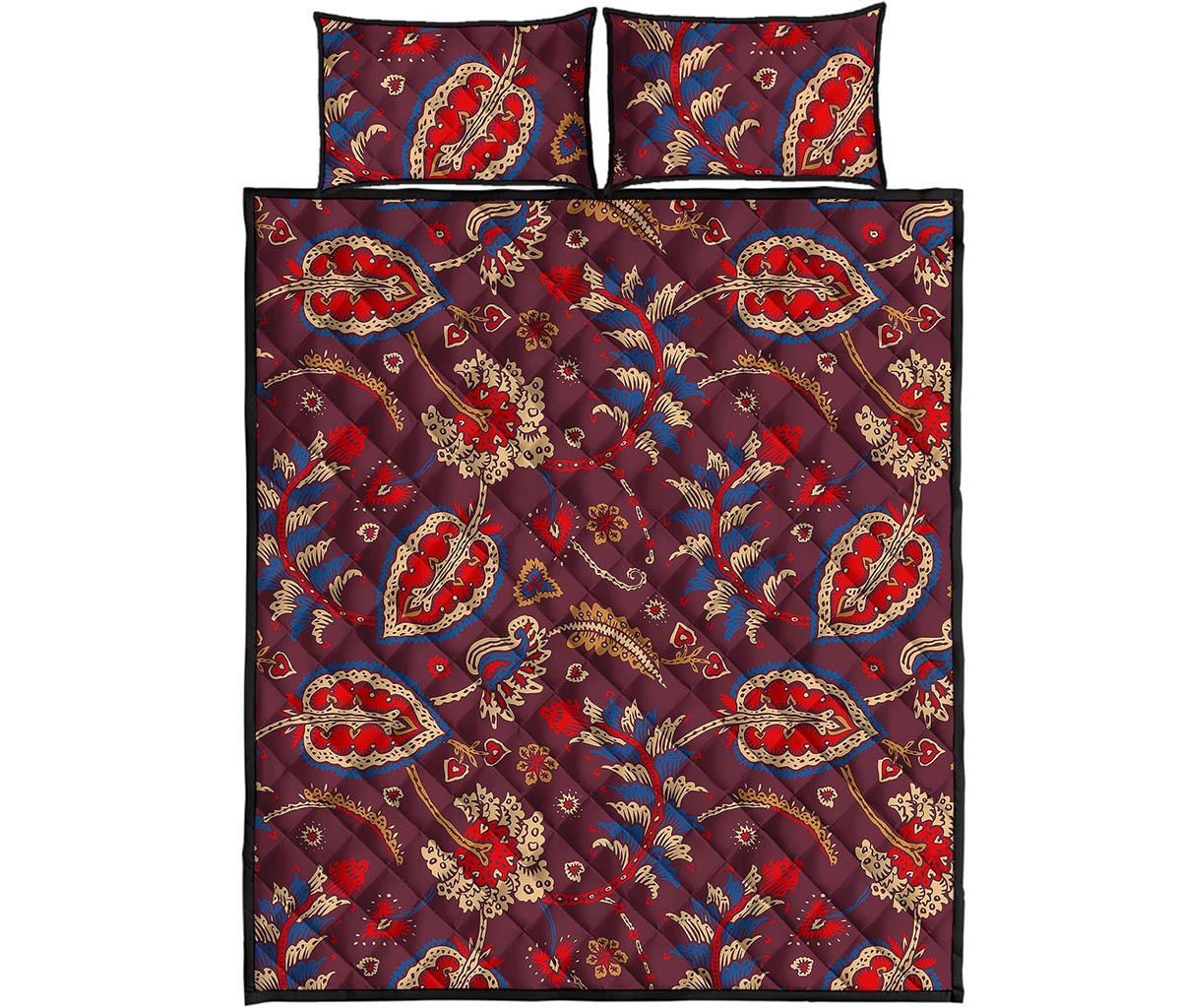 Maroon Vintage Bohemian Floral Print Quilt Bed Set