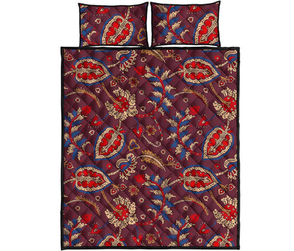 Maroon Vintage Bohemian Floral Print Quilt Bed Set