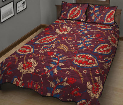 Maroon Vintage Bohemian Floral Print Quilt Bed Set