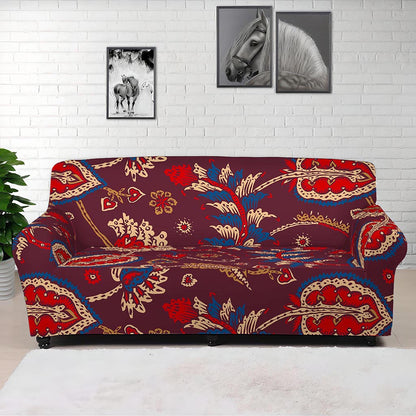 Maroon Vintage Bohemian Floral Print Sofa Cover