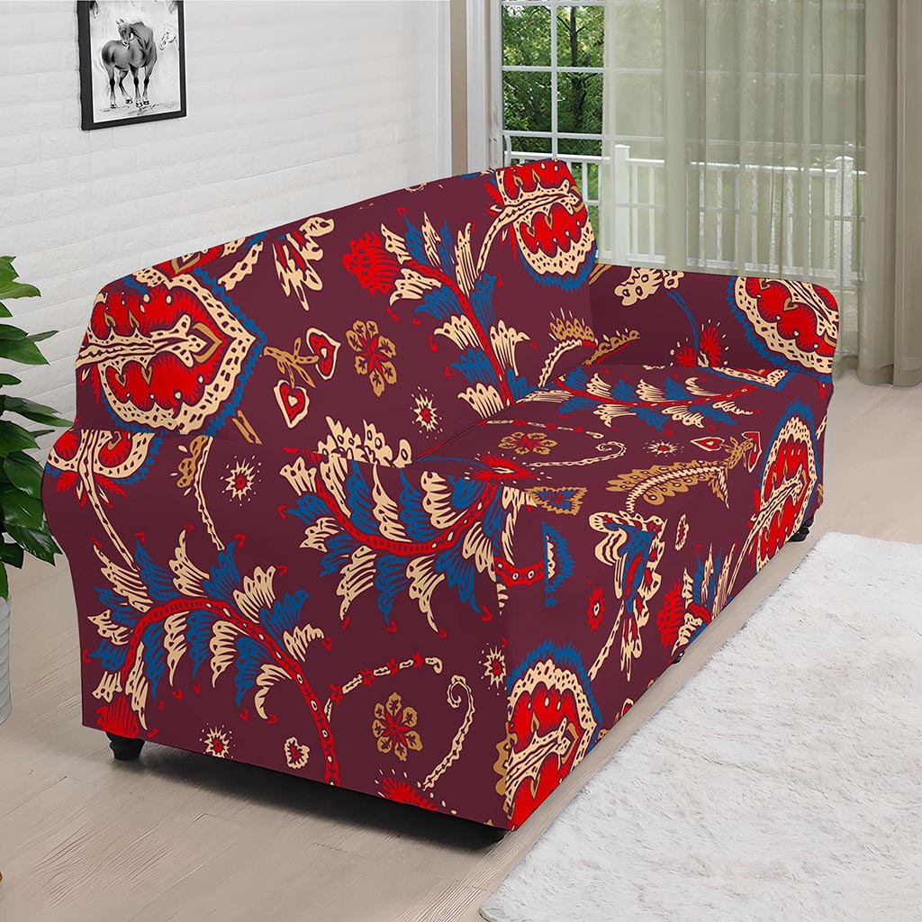 Maroon Vintage Bohemian Floral Print Sofa Cover