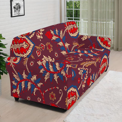 Maroon Vintage Bohemian Floral Print Sofa Cover