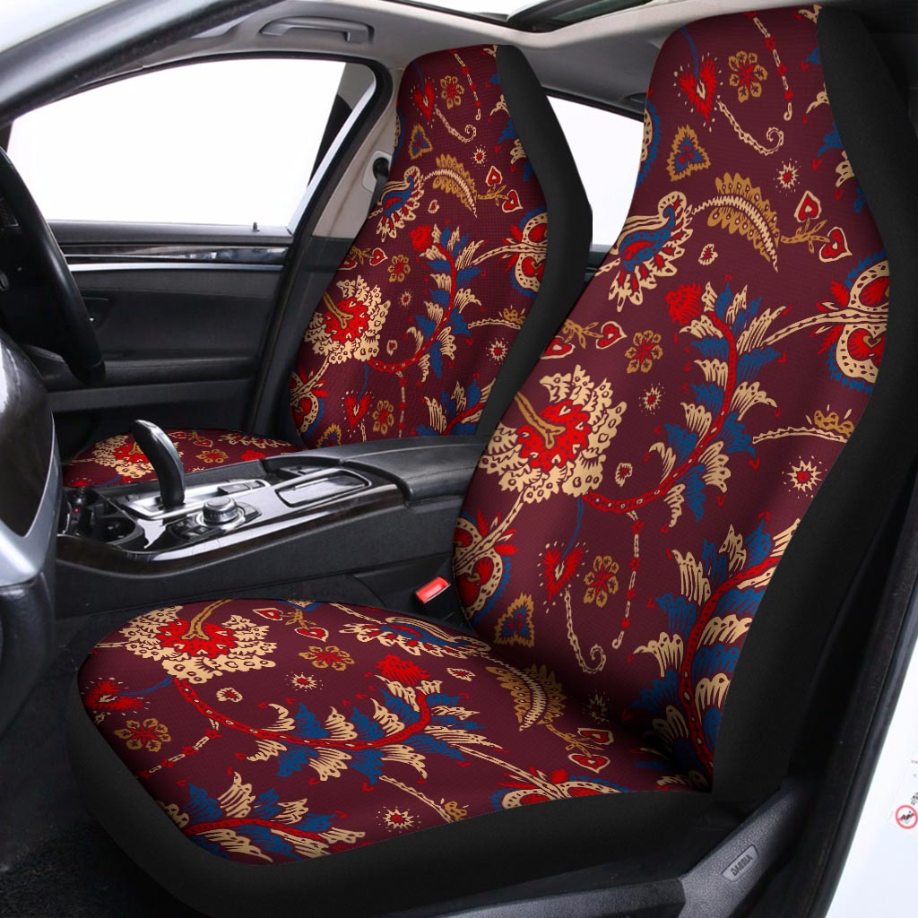 Maroon Vintage Bohemian Floral Print Universal Fit Car Seat Covers