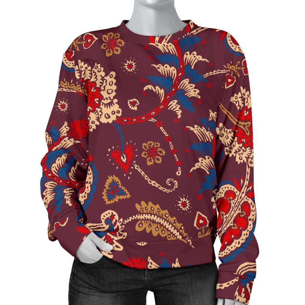 Maroon Vintage Bohemian Floral Print Women's Crewneck Sweatshirt GearFrost