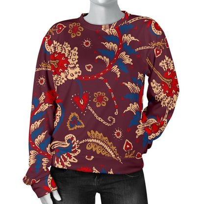 Maroon Vintage Bohemian Floral Print Women's Crewneck Sweatshirt GearFrost