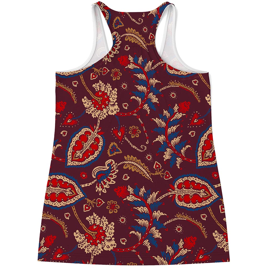 Maroon Vintage Bohemian Floral Print Women's Racerback Tank Top