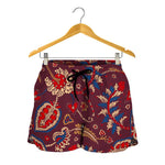 Maroon Vintage Bohemian Floral Print Women's Shorts