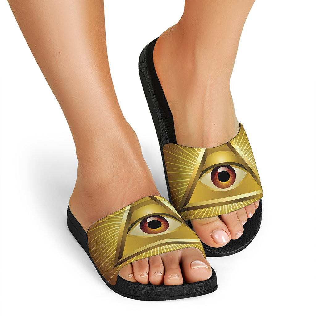 Masonic Eye Sight Print Black Slide Sandals