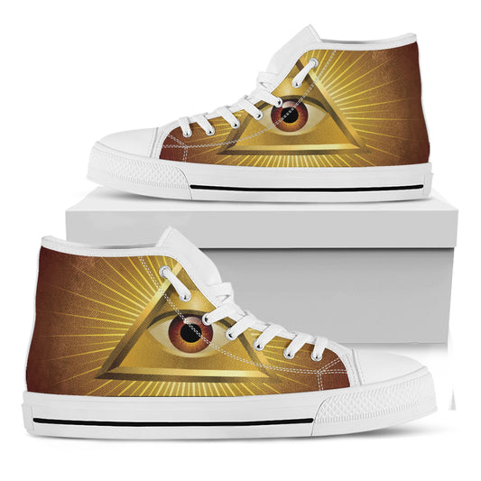 Masonic Eye Sight Print White High Top Shoes