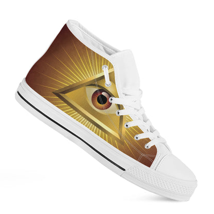 Masonic Eye Sight Print White High Top Shoes