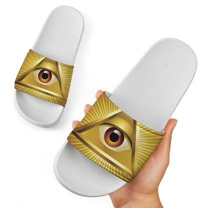 Masonic Eye Sight Print White Slide Sandals