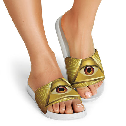 Masonic Eye Sight Print White Slide Sandals