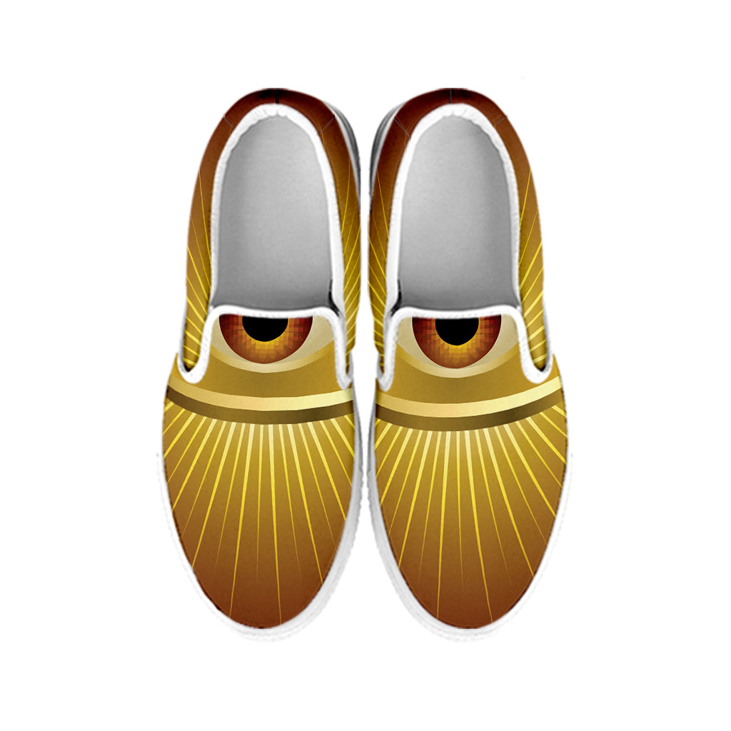 Masonic Eye Sight Print White Slip On Shoes
