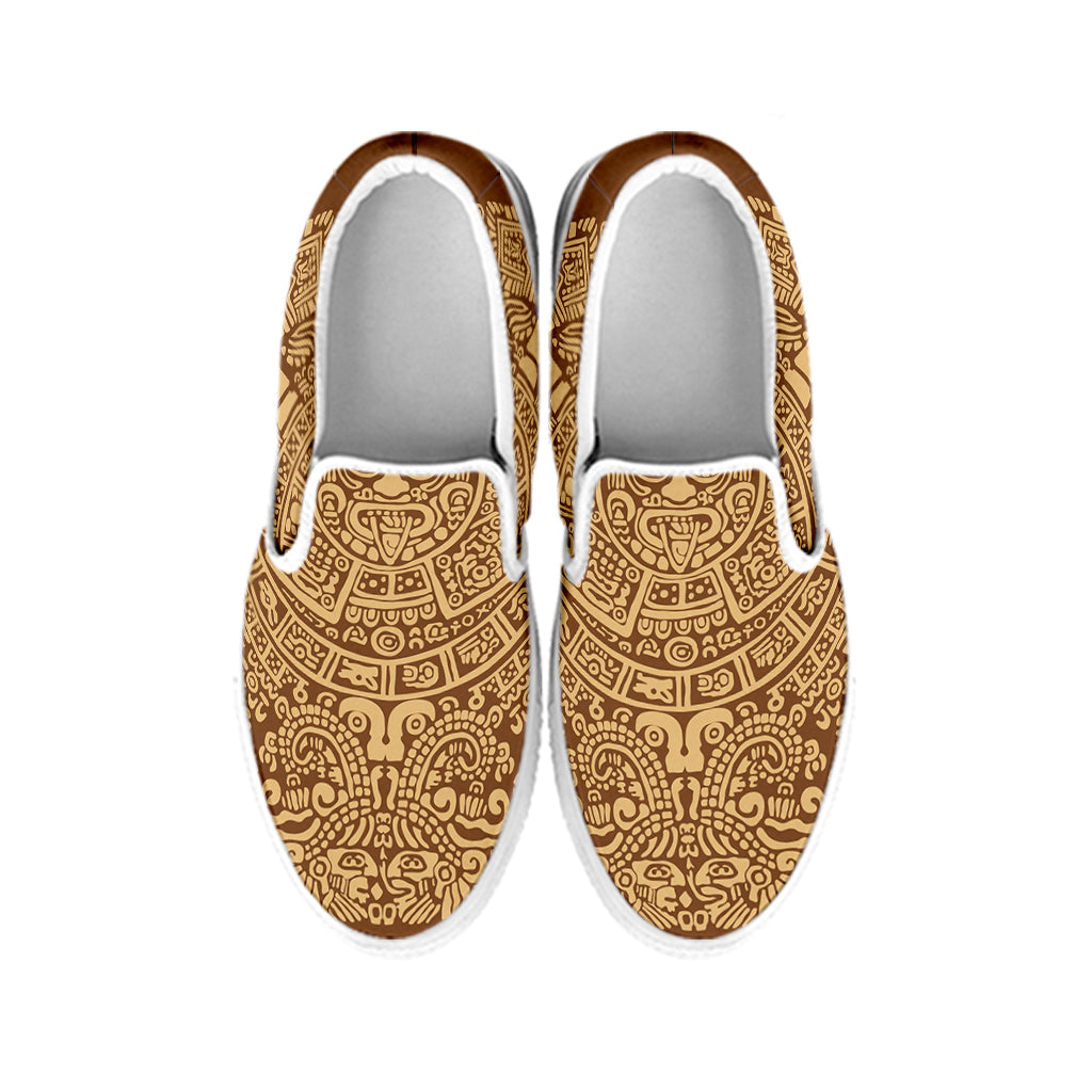 Mayan Calendar Print White Slip On Shoes
