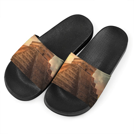 Mayan Pyramid Print Black Slide Sandals
