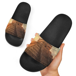 Mayan Pyramid Print Black Slide Sandals