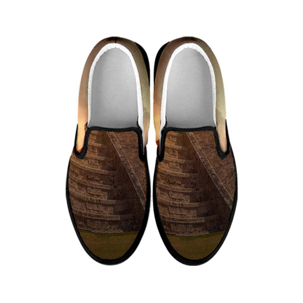 Mayan Pyramid Print Black Slip On Shoes