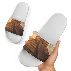 Mayan Pyramid Print White Slide Sandals