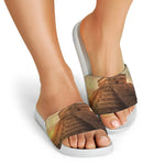 Mayan Pyramid Print White Slide Sandals