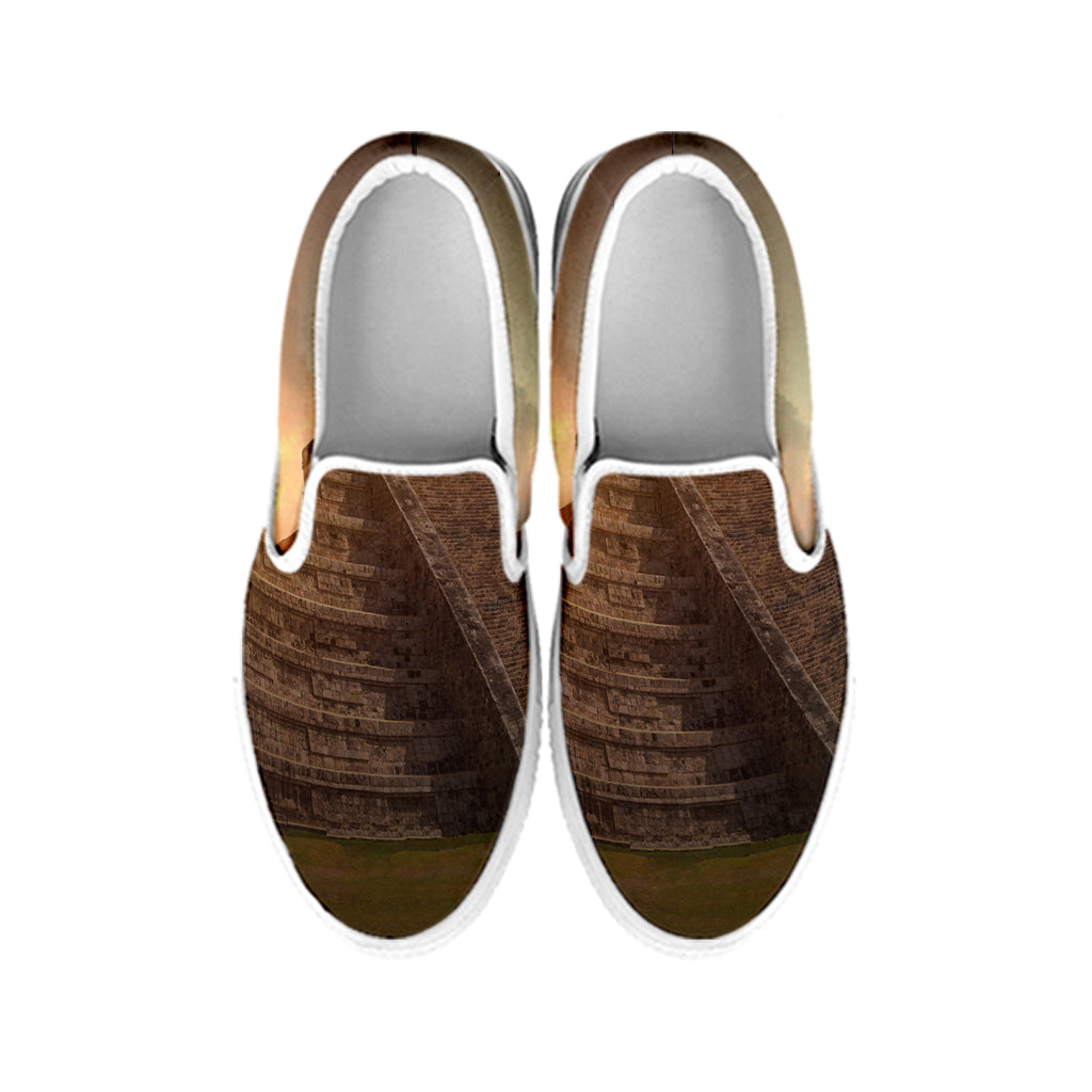 Mayan Pyramid Print White Slip On Shoes