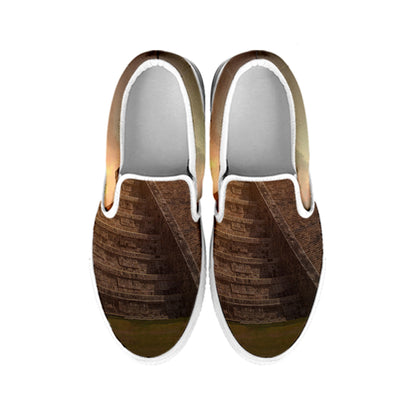 Mayan Pyramid Print White Slip On Shoes