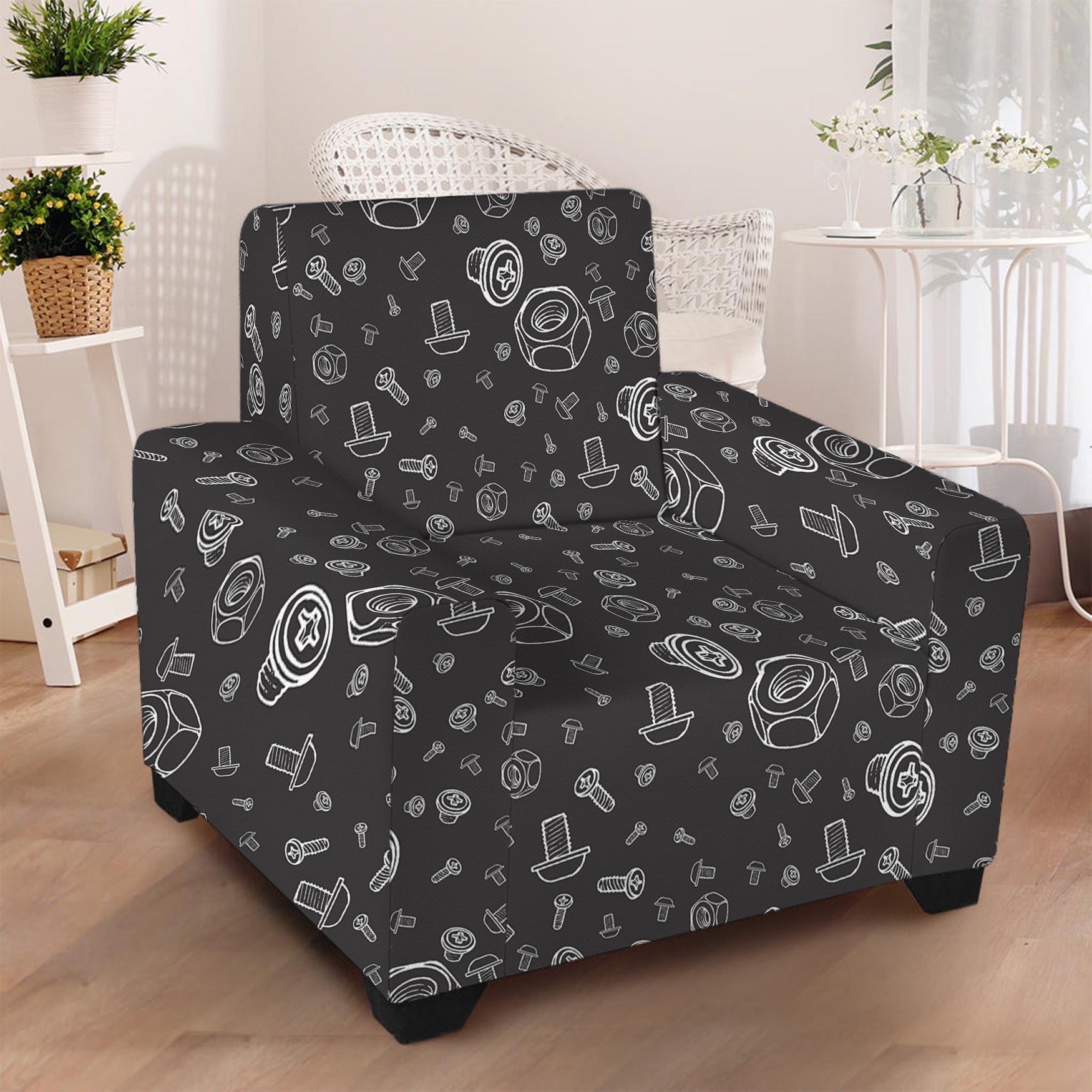 Mechanic Nuts and Bolts Pattern Print Armchair Slipcover