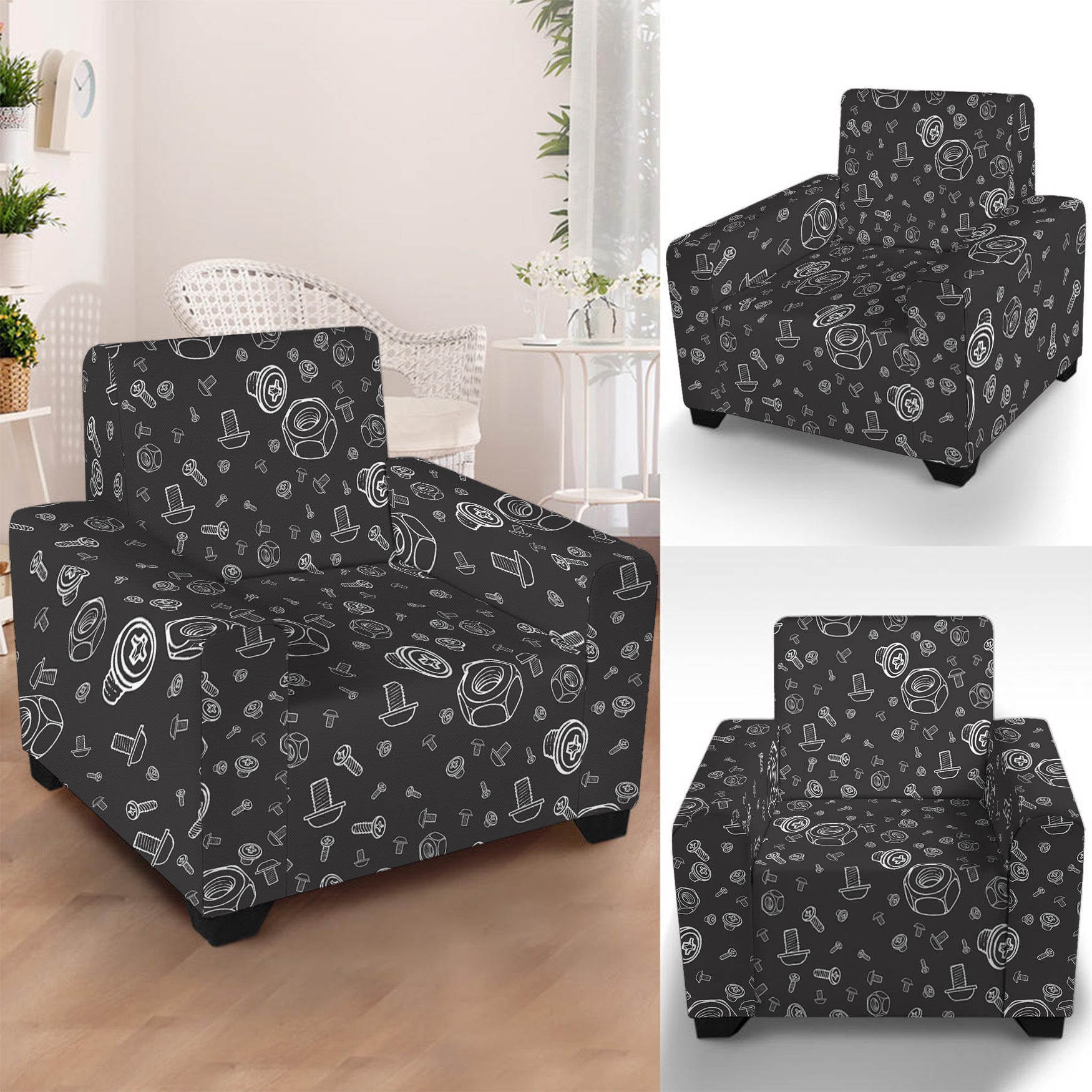 Mechanic Nuts and Bolts Pattern Print Armchair Slipcover