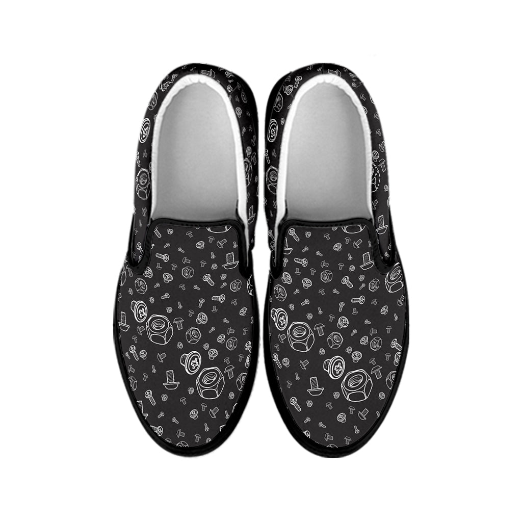 Mechanic Nuts and Bolts Pattern Print Black Slip On Shoes