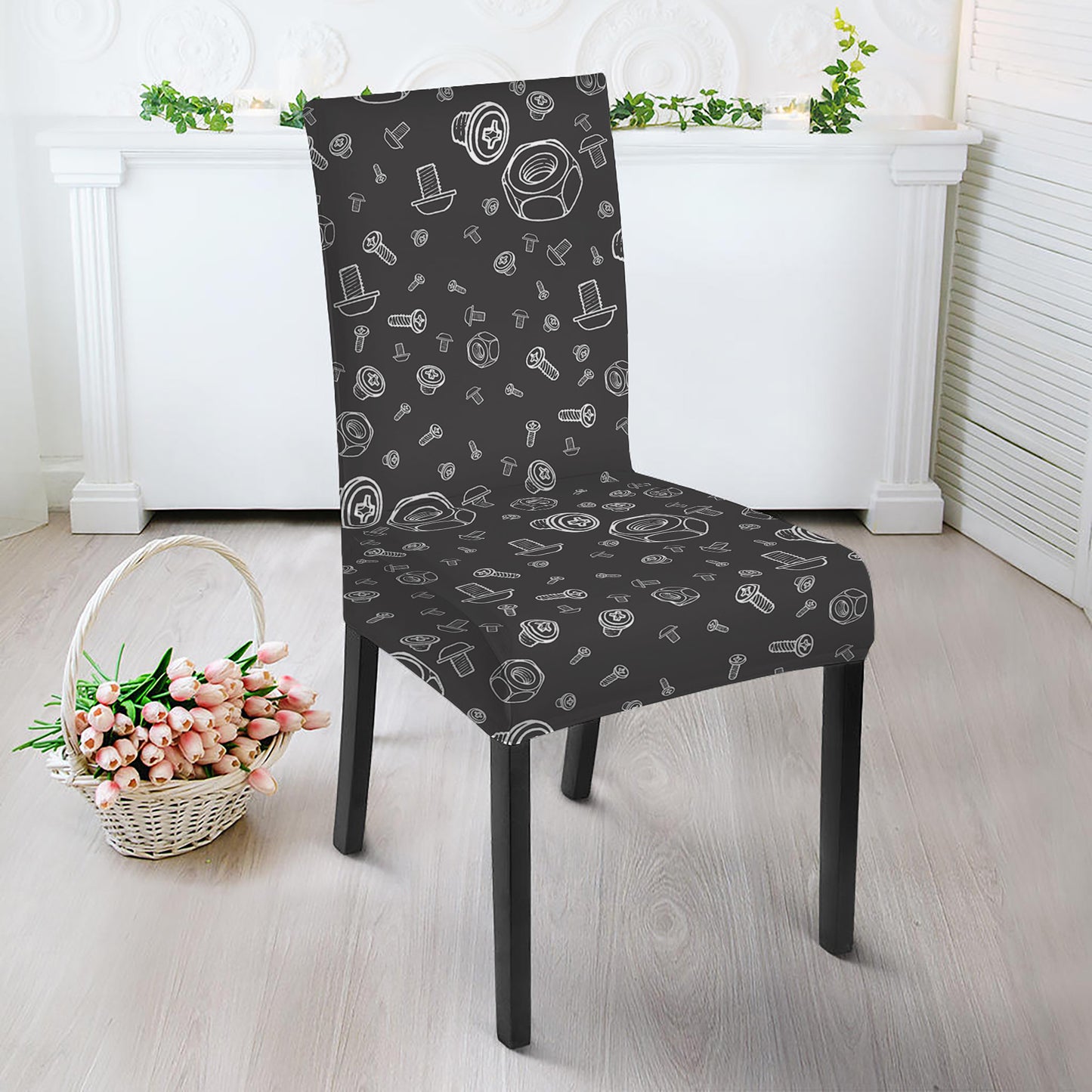 Mechanic Nuts and Bolts Pattern Print Dining Chair Slipcover