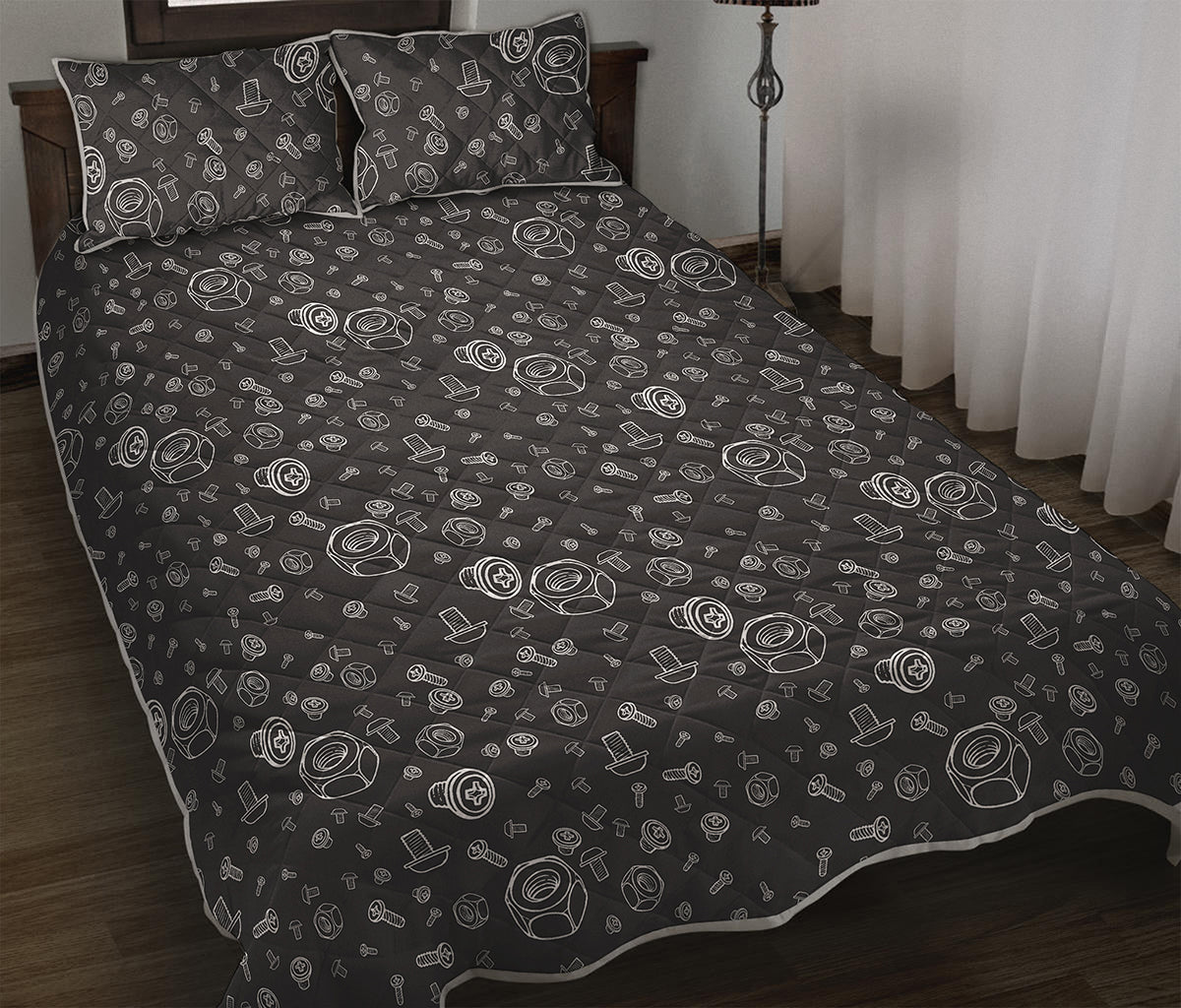 Mechanic Nuts and Bolts Pattern Print Quilt Bed Set