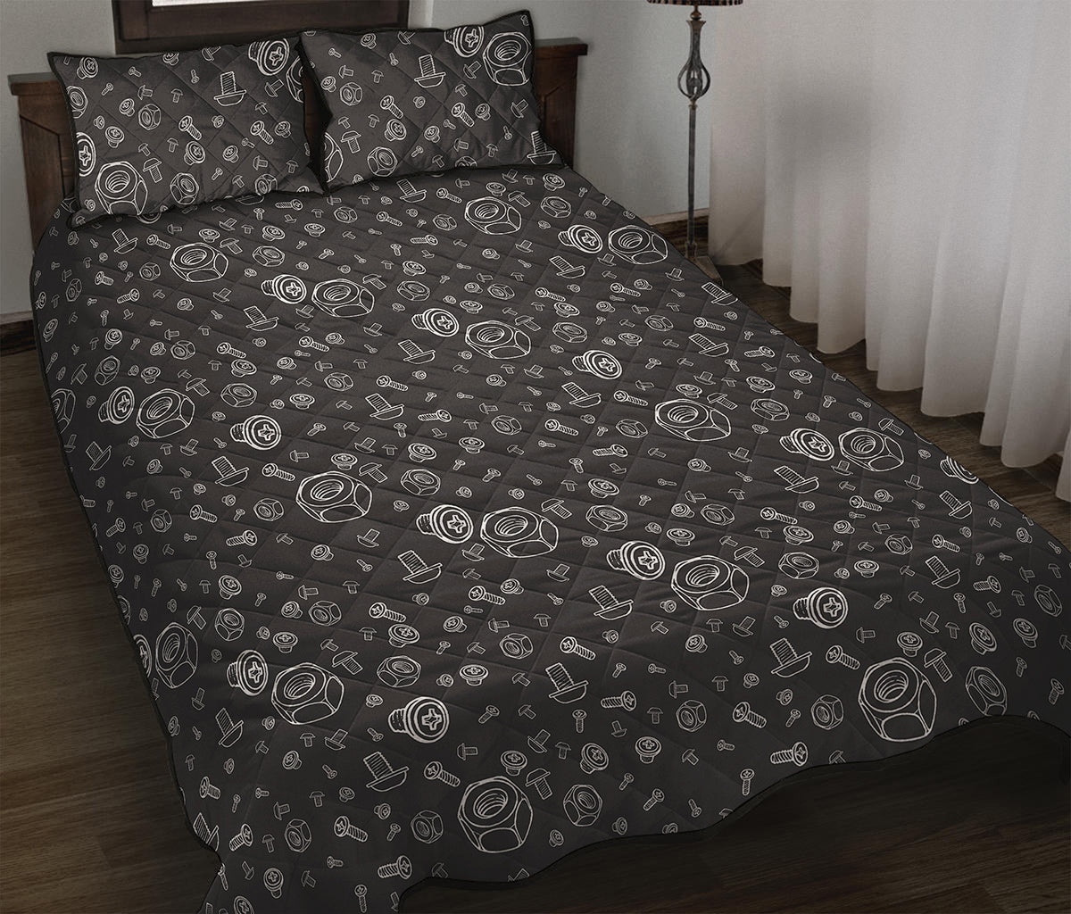 Mechanic Nuts and Bolts Pattern Print Quilt Bed Set