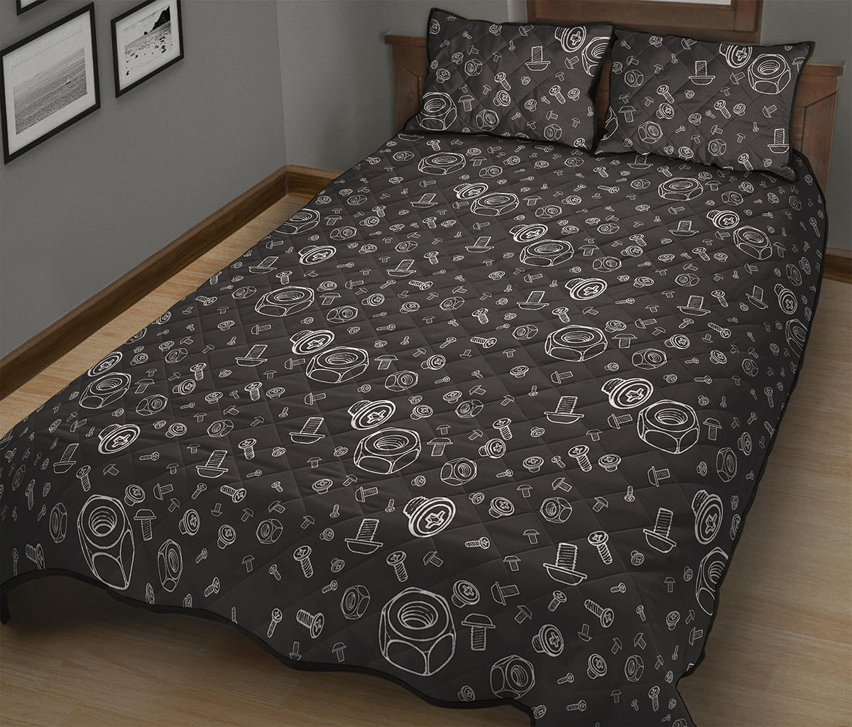 Mechanic Nuts and Bolts Pattern Print Quilt Bed Set