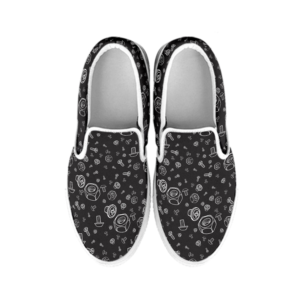 Mechanic Nuts and Bolts Pattern Print White Slip On Shoes