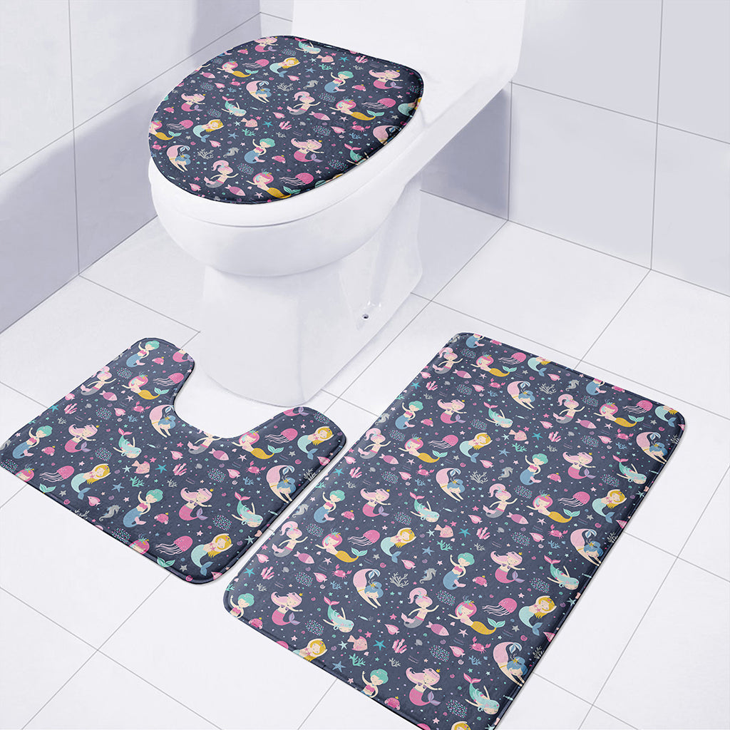 Mermaid Cartoon Pattern Print 3 Piece Bath Mat Set