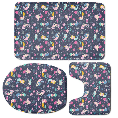 Mermaid Cartoon Pattern Print 3 Piece Bath Mat Set