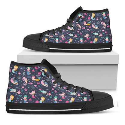 Mermaid Cartoon Pattern Print Black High Top Shoes