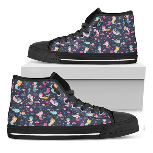 Mermaid Cartoon Pattern Print Black High Top Shoes