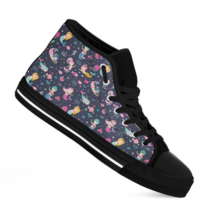 Mermaid Cartoon Pattern Print Black High Top Shoes