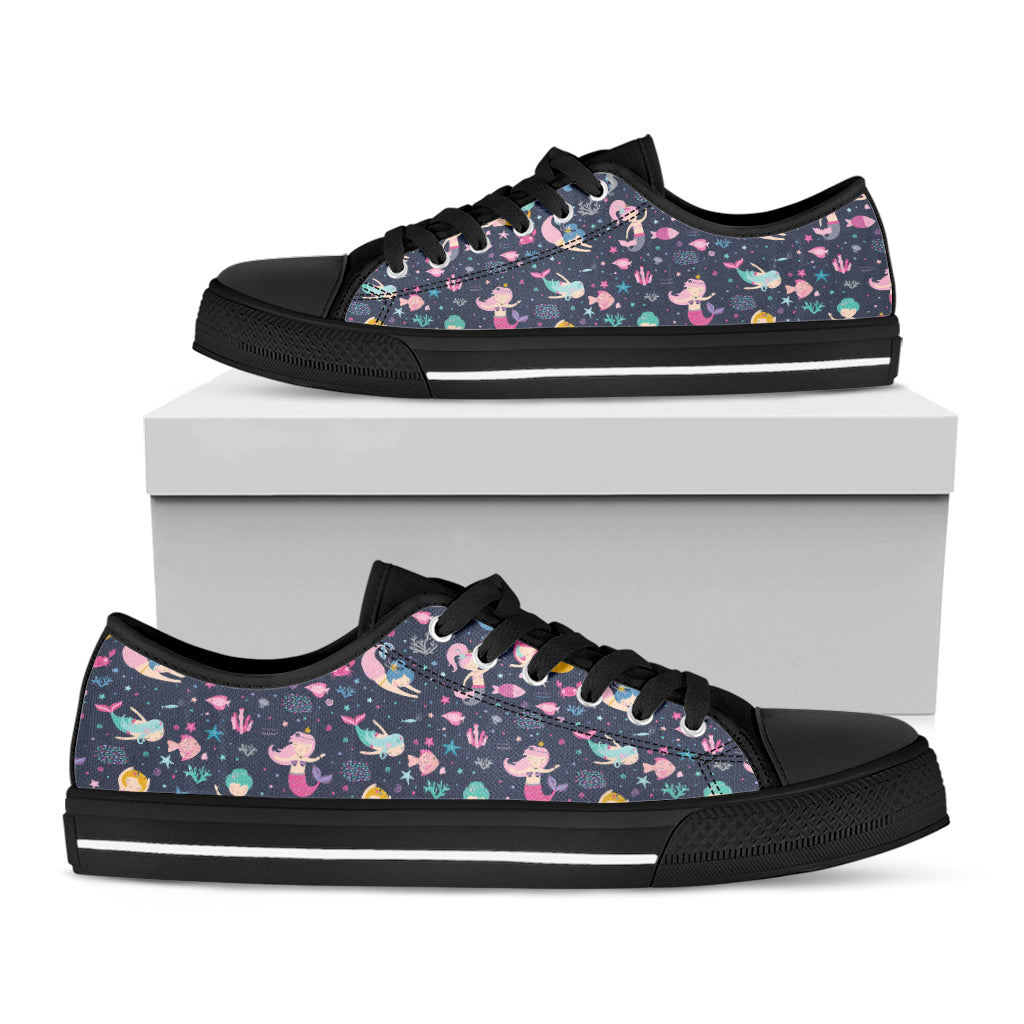 Mermaid Cartoon Pattern Print Black Low Top Shoes