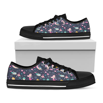 Mermaid Cartoon Pattern Print Black Low Top Shoes