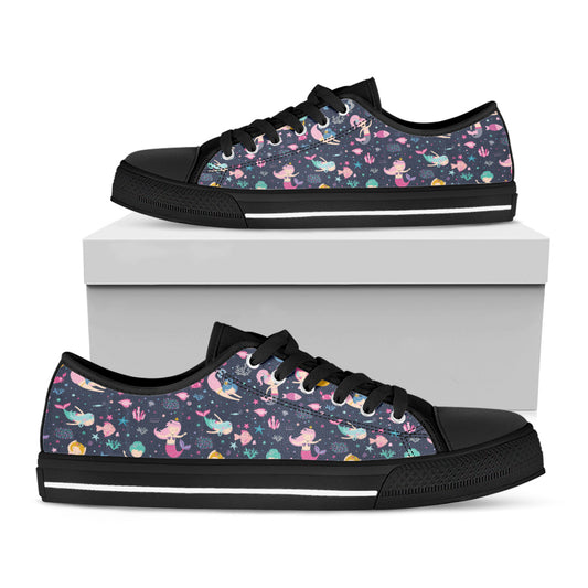 Mermaid Cartoon Pattern Print Black Low Top Shoes