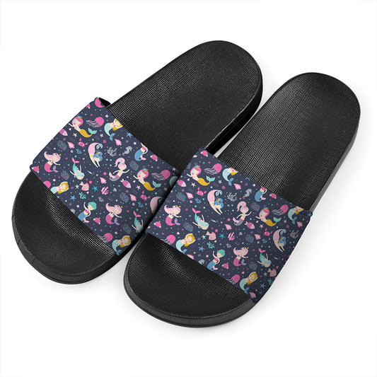 Mermaid Cartoon Pattern Print Black Slide Sandals
