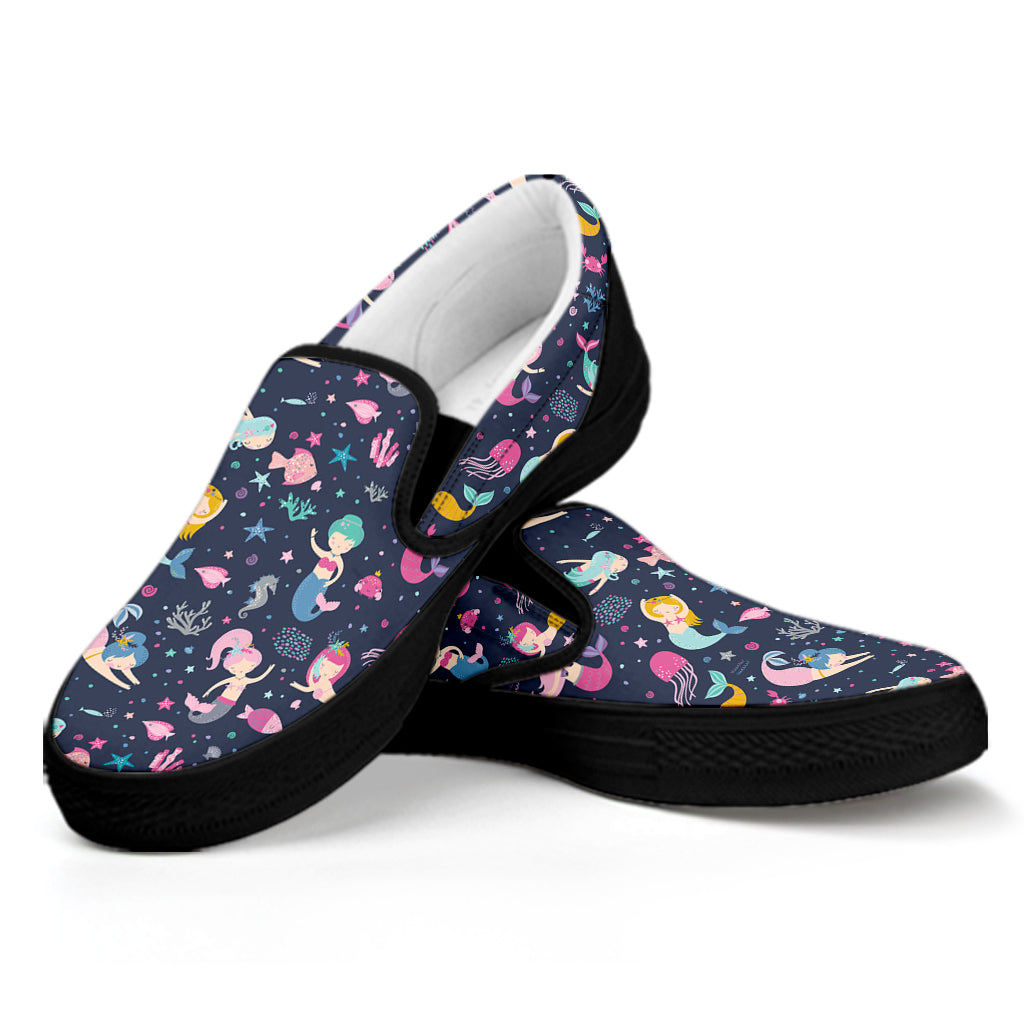 Mermaid Cartoon Pattern Print Black Slip On Shoes