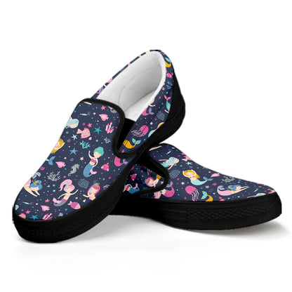 Mermaid Cartoon Pattern Print Black Slip On Shoes