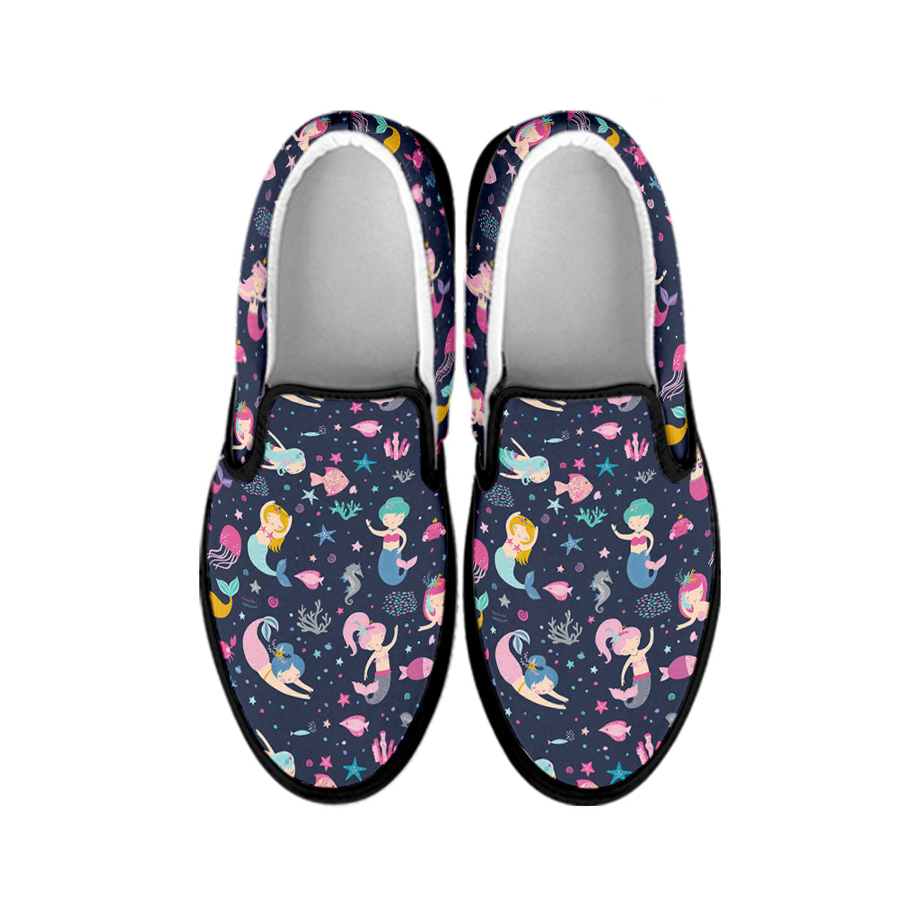 Mermaid Cartoon Pattern Print Black Slip On Shoes