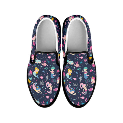Mermaid Cartoon Pattern Print Black Slip On Shoes