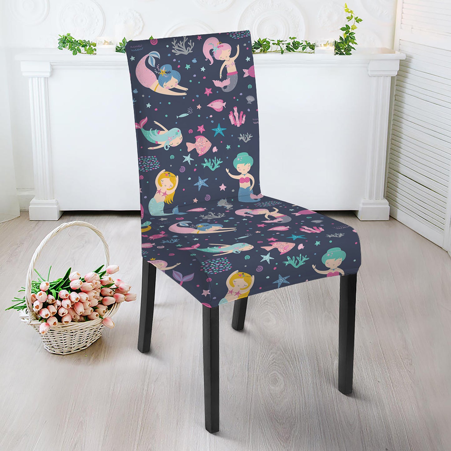 Mermaid Cartoon Pattern Print Dining Chair Slipcover