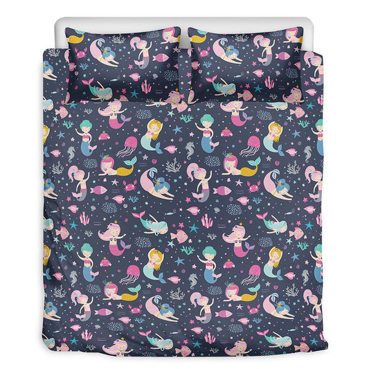 Mermaid Cartoon Pattern Print Duvet Cover Bedding Set
