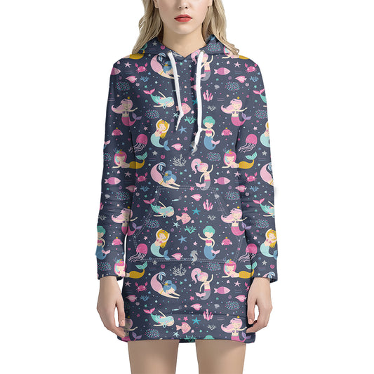 Mermaid Cartoon Pattern Print Hoodie Dress